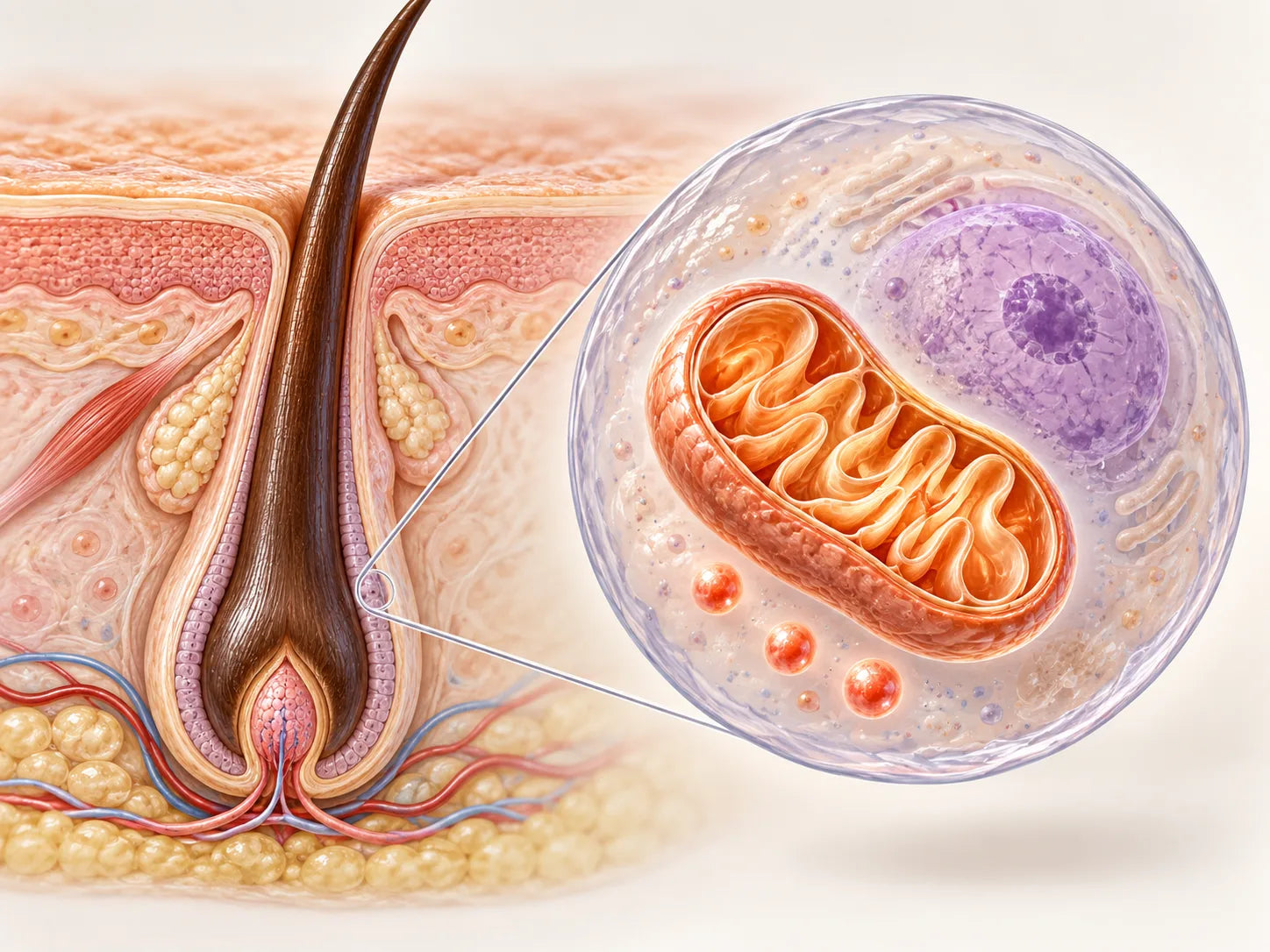 Illustration: a hair follicle with a zoom into a cell showing a cut-away mitochondrion producing ATP