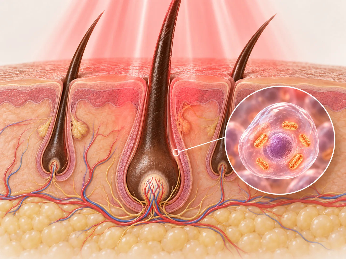 Illustration: red light entering the scalp and reaching hair follicles, with a zoom into a single follicle cell and its mitochondria