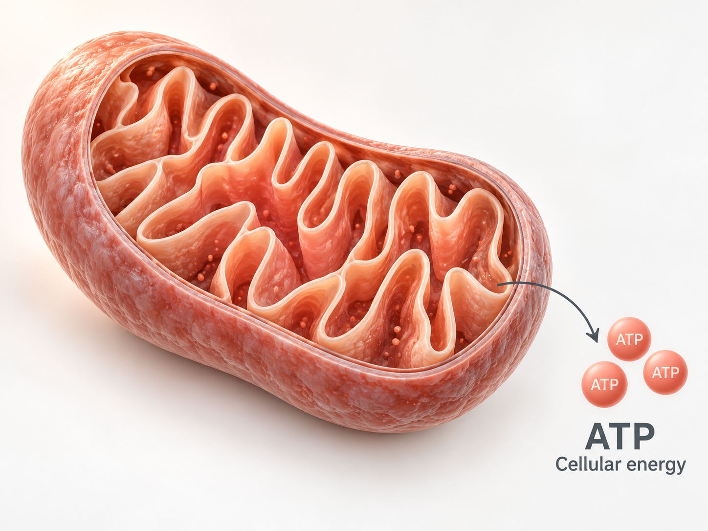 Illustration: a cut-away mitochondrion with folded inner membranes and an arrow to three spheres labelled ATP, cellular energy
