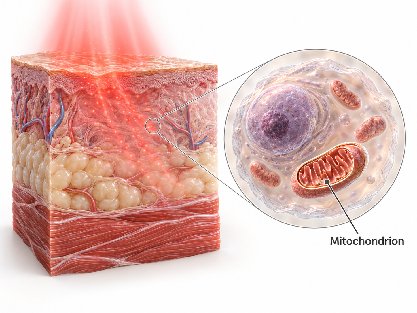 Illustration: red light entering a block of skin, fat and muscle tissue, with a zoom into a single cell showing its nucleus and a labelled mitochondrion