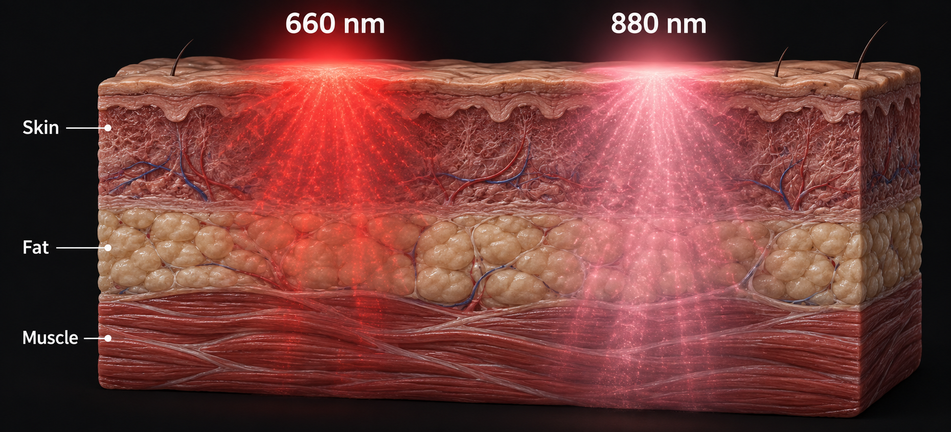 Illustrative tissue cross-section showing 660 nm red light fading through skin and fat, and 880 nm near-infrared light represented in pink extending farther toward muscle.